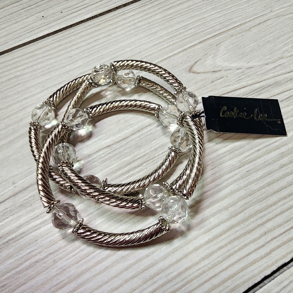 Cookie Lee Silver and Clear Beaded Stretch Bracelet Set Of 3 #25949 NWT